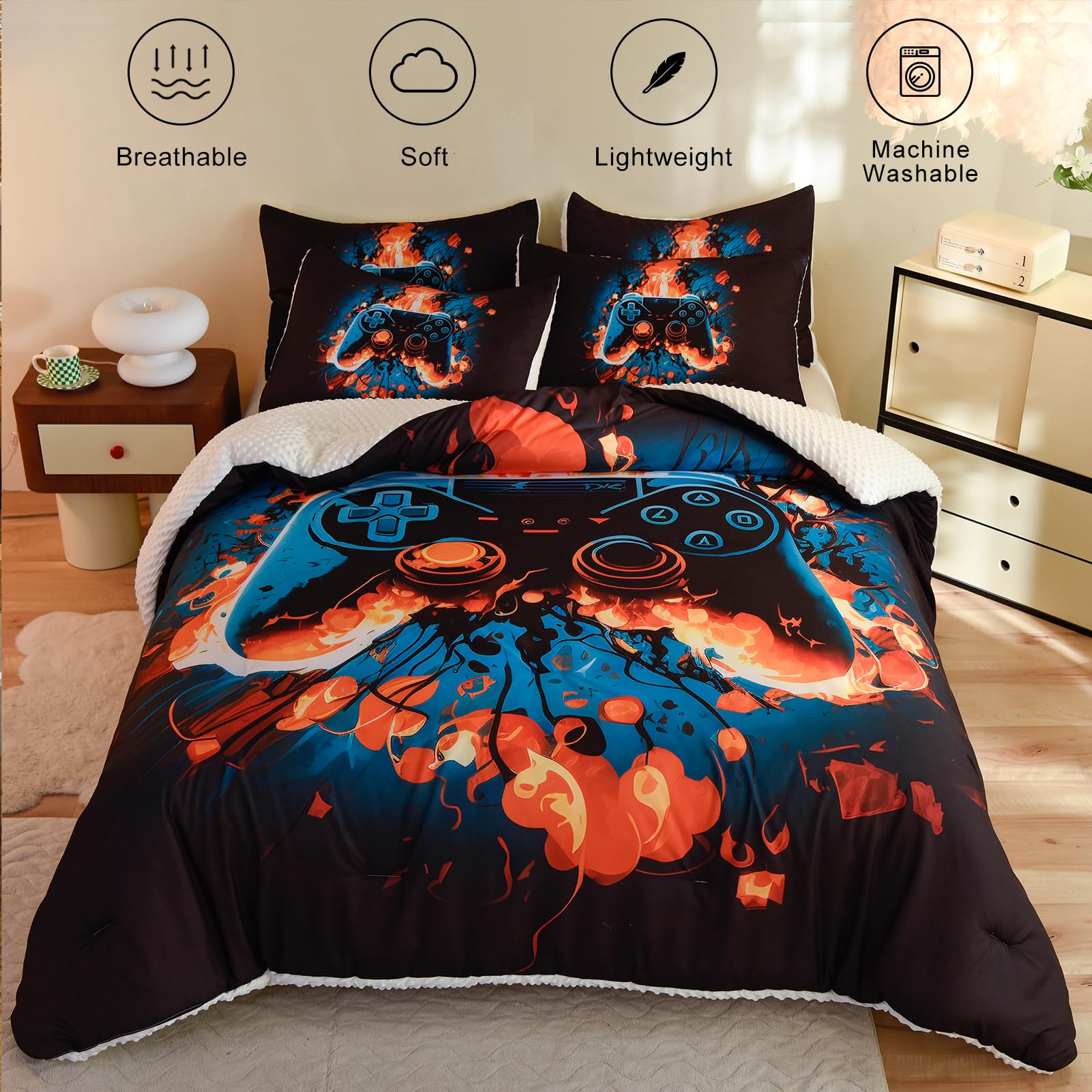 Cyusri Video Game Twin Size Comforter Set for Boys Kids Teens Gamepad Gaming Controller and Fire Pattern Bedding Set- 3 Piece Quilt with 2 Pillowcases (68"x90")