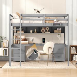 KTATK Full Size Loft Bed with Desk and Cabinets,Multifunctional Storage Solid Wood Bed Frame w/Drawers,Bedside Tray,Charging Station,Integrated Ladder,for Bedroom,Apartment,Grey