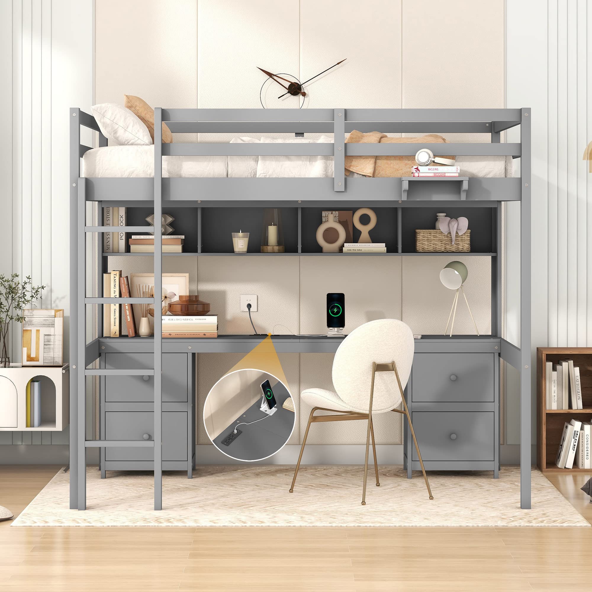 KTATK Full Size Loft Bed with Desk and Cabinets,Multifunctional Storage Solid Wood Bed Frame w/Drawers,Bedside Tray,Charging Station,Integrated Ladder,for Bedroom,Apartment,Grey