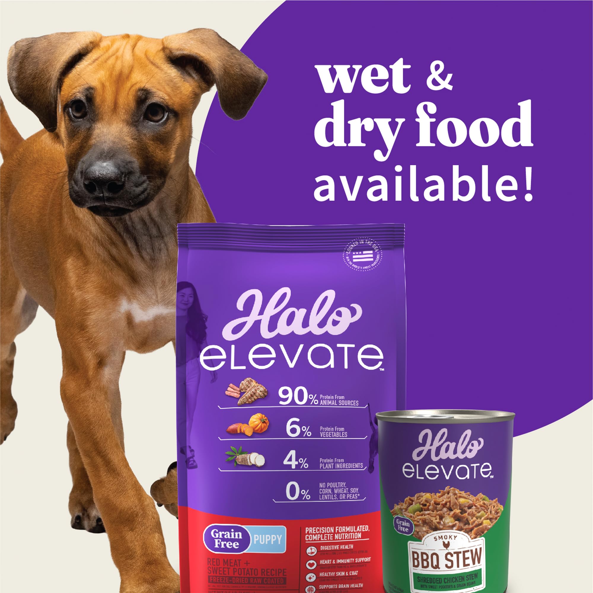 Halo Elevate Wet Dog Food, Grain Free, Smoky BBQ Shredded Chicken Stew w/Sweet Potatoes & Green Beans, 12.7oz (Pack of 6)