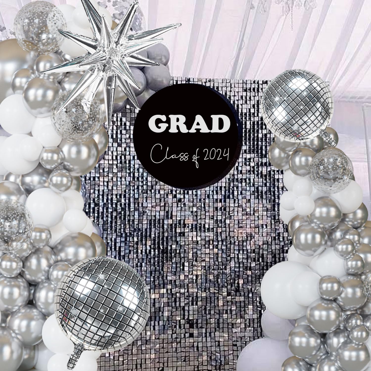 Disco Ball Party Balloon Arch Kit Chrome Metallic Silver, Matte White & Confetti Balloons | Ideal for 2024 Graduation，Adult Birthday, Dancing Queen Decor, New Year’s, Holiday Music Themed Events