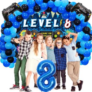 Vlipoeasn 90PCS 8th Birthday Video Game Party Decorations for Boys Set Blue 8th Birthday Supplies -8th Video Game Backdrop, Balloons, Tablecloth, Gamer and 8 Foil Balloons for 8th Birthday Party