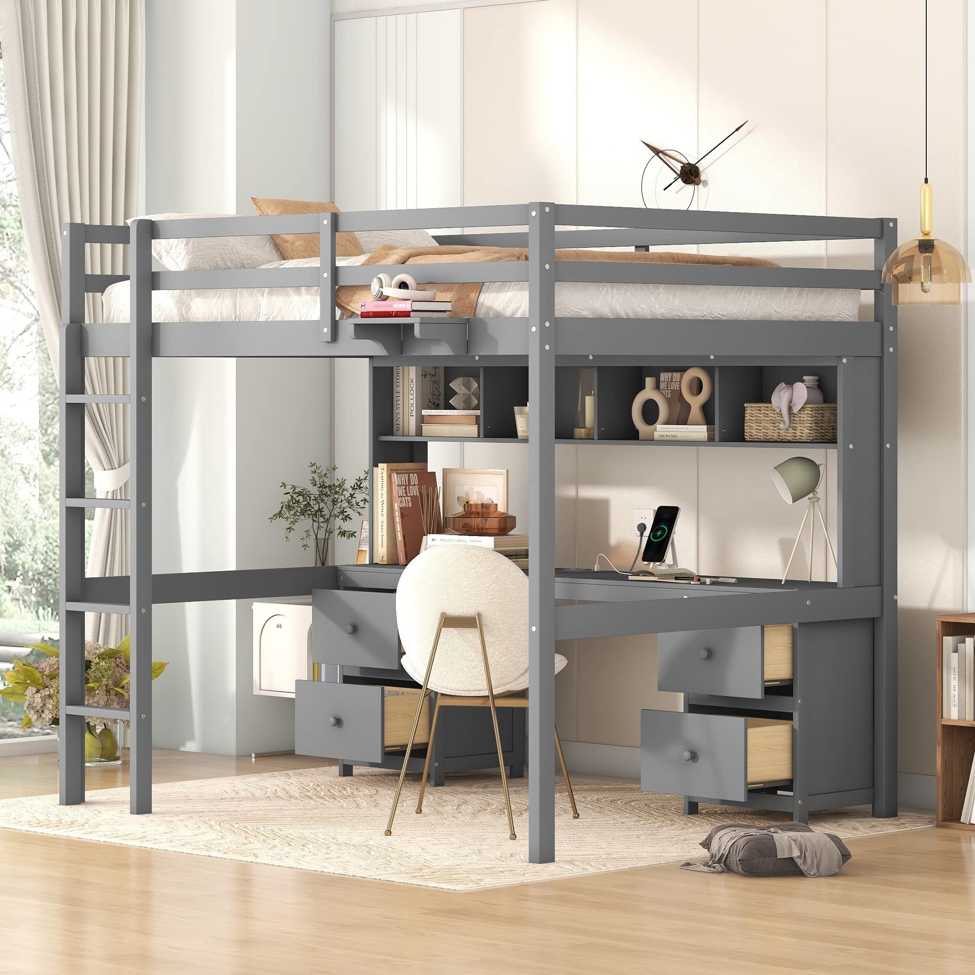 KTATK Full Size Loft Bed with Desk and Cabinets,Multifunctional Storage Solid Wood Bed Frame w/Drawers,Bedside Tray,Charging Station,Integrated Ladder,for Bedroom,Apartment,Grey