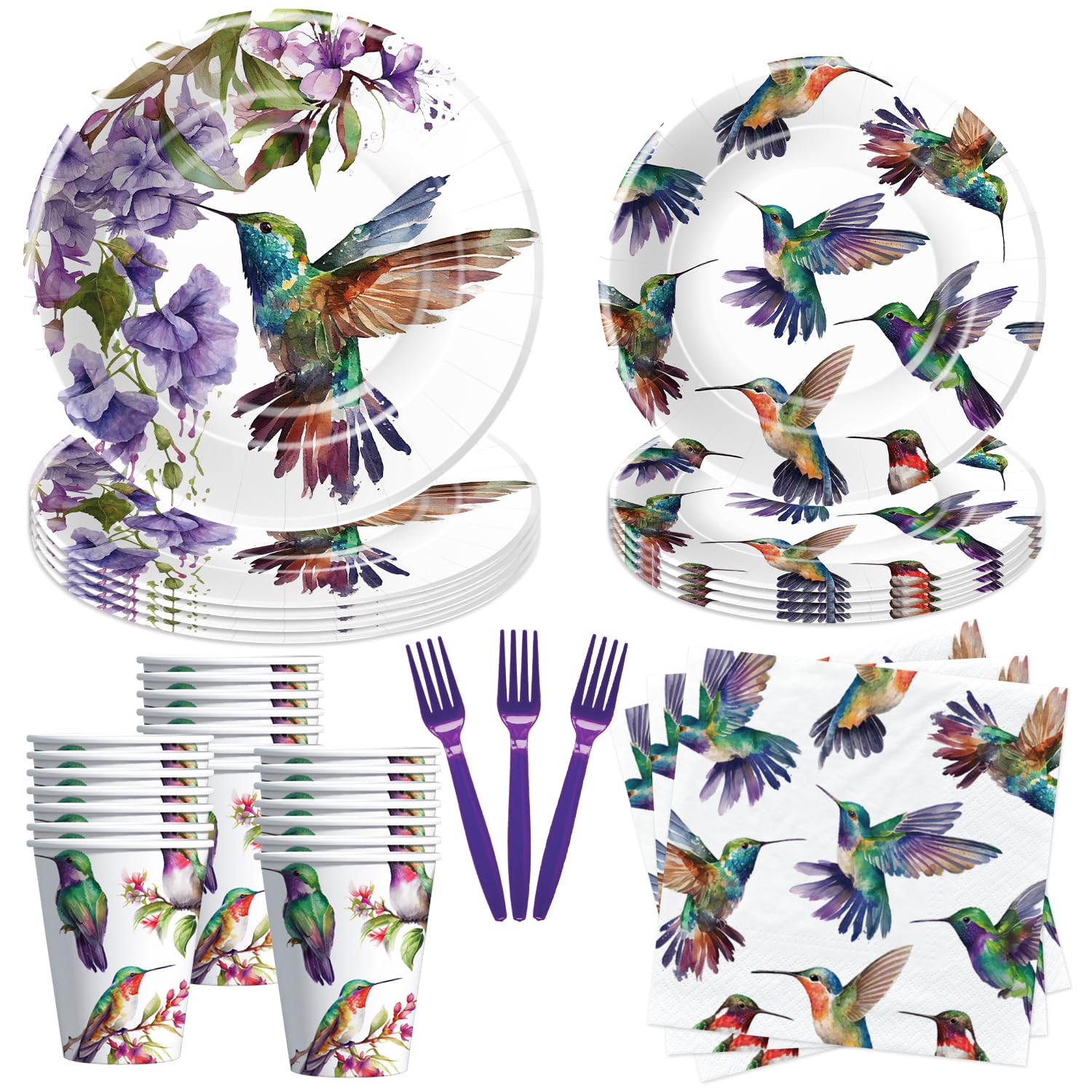 APOWBLS Hummingbird Birthday Party Supplies - Bird Hummingbird Party Decorations Dinnerware, Plate, Cup, Napkin, Fork, Floral Hummingbird Party Tableware For Bridal Baby Shower Wedding | Serve 24