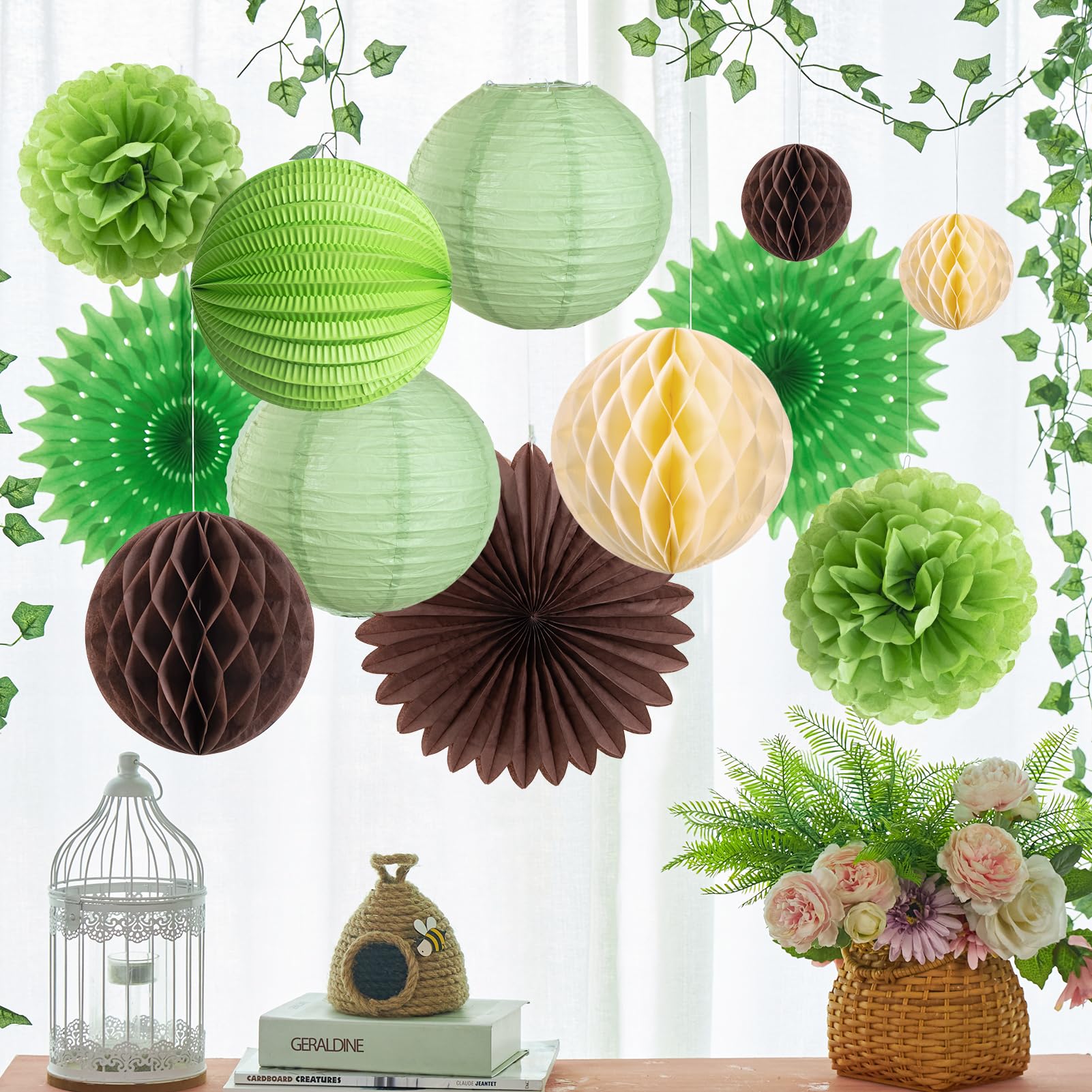 12Pcs Green and Brown Party Decorations Paper Tissue Pom Poms Honeycomb Balls Paper Fans Hanging Deco Green Lanterns for Jungle Safari Summer Birthday Wedding Party