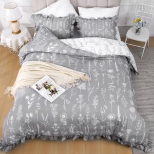 ASPMIZ Floral Duvet Cover Set Queen Size - 3 Pieces Grey Ruffle Comforter Covers, Botanical Flower Bedding Cover Set, Soft Leaves Cover Set with Double Sided Pattern (1 Duvet Cover, 2 Pillow Shams)