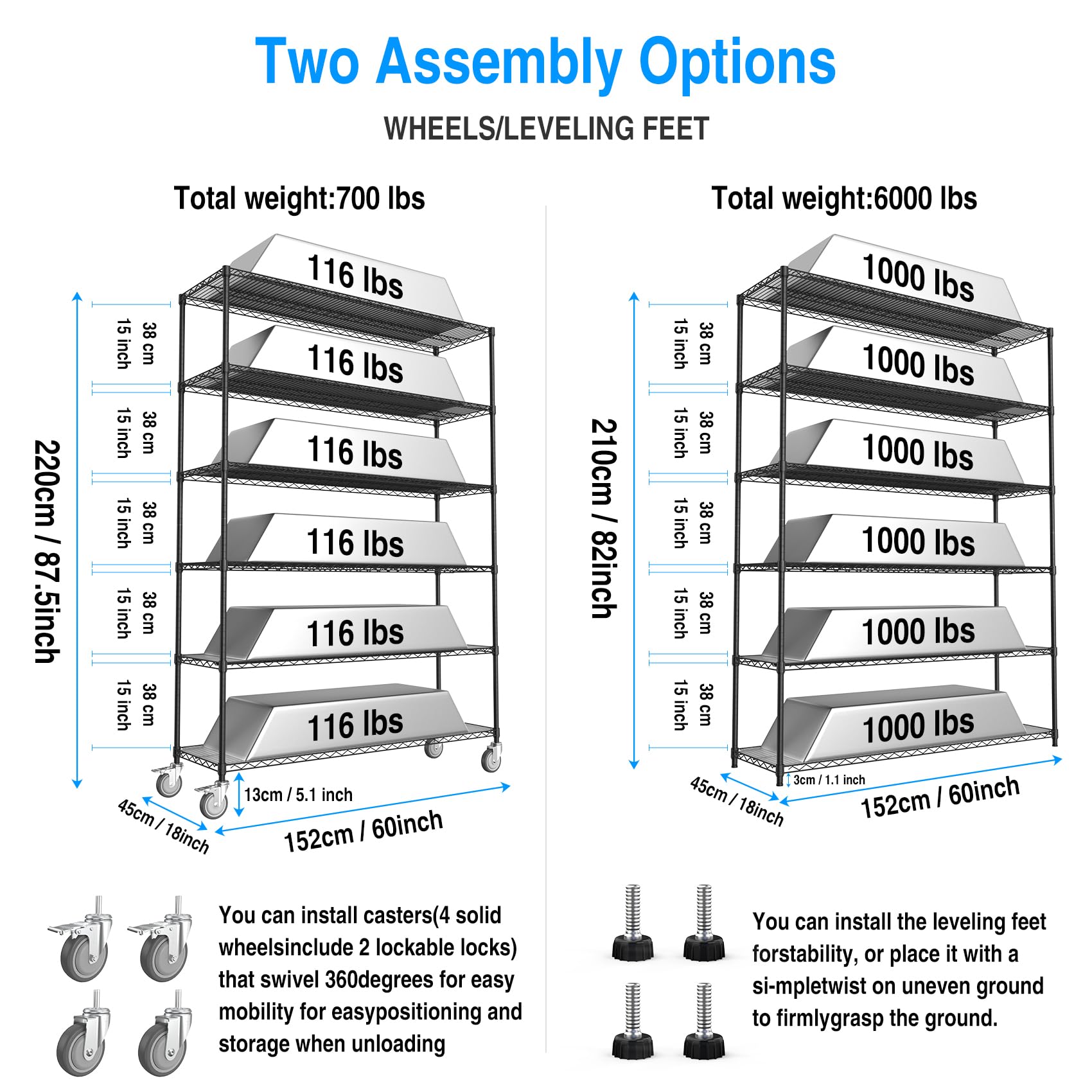 Metal Shelf Wire Shelving Unit, Heavy Duty NSF 6 Tier 6000lbs Adjustable Storage Rack Commercial Grade Utility Steel Storage Rack with 5in Wheels and Shelf Liners - 18" D x 60" L x 87.5" H- Chrome