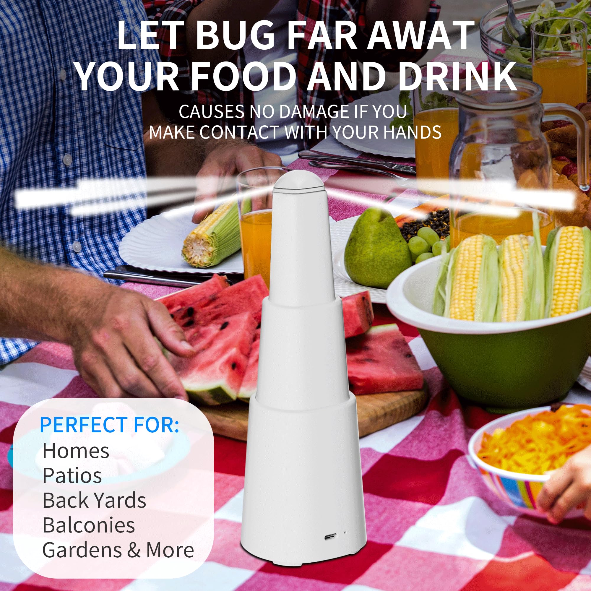 Mosalogic Fly Repellent Fan for Table with Anti-Bug Light Keep Flies Away Food for Outside and Inside - Fly Fans for Tables, Barbeque, Events, Li-ion Battery Operated Food Spinning Fly Fan-White