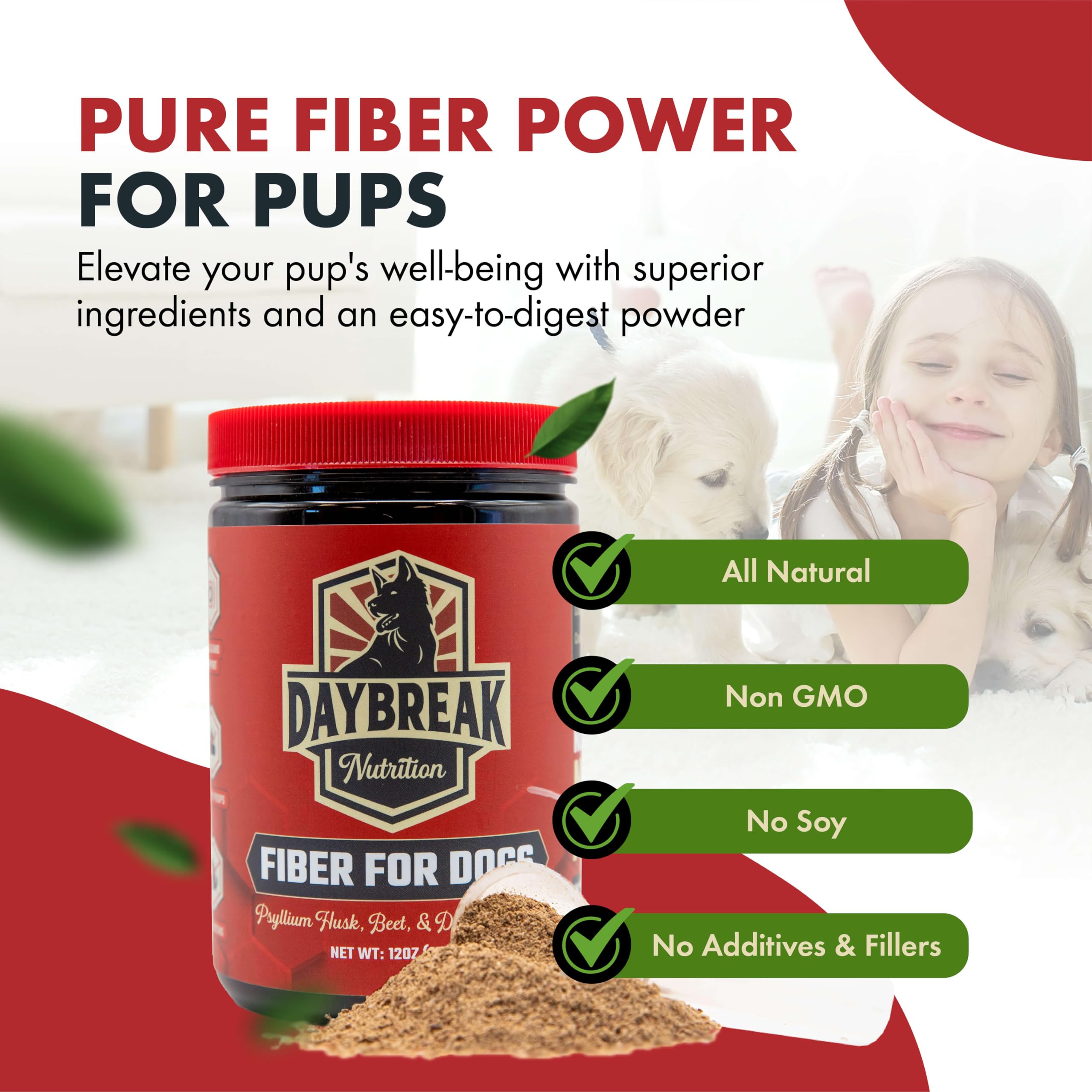 Daybreak Nutrition Fiber for Dogs Psyllium Husk, Beet Root, Dandelion Root, and Prebiotics to Aid in Relief from Diarrhea, Constipation, Anal Gland Issues, and Scoots