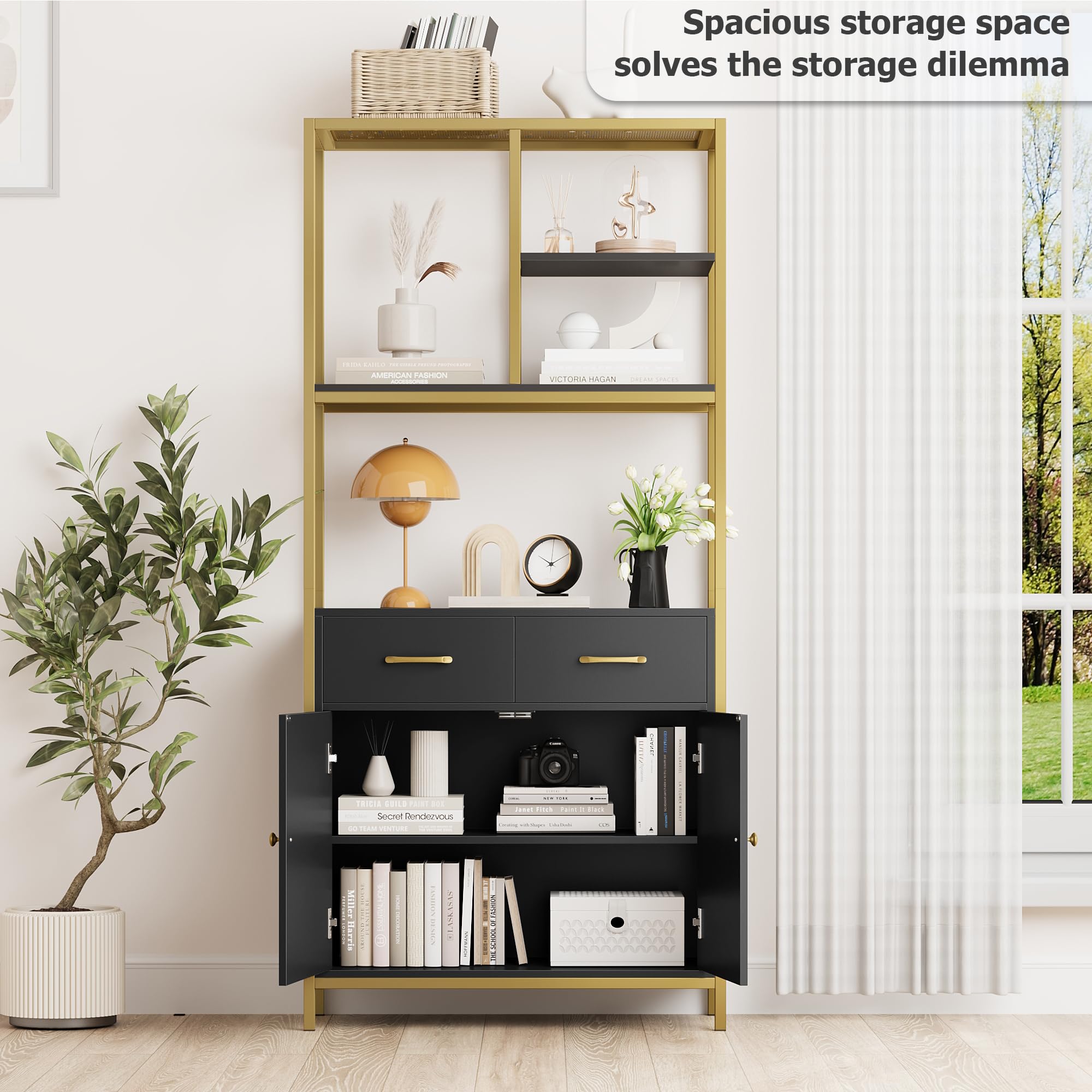 HITHOS 71" Tall Bookshelf, Modern White and Gold Bookcase, Book Shelves with Drawers and Storage Cabinet, Metal Etagere Bookcase Display Shelves for Home Office, Gold/Black