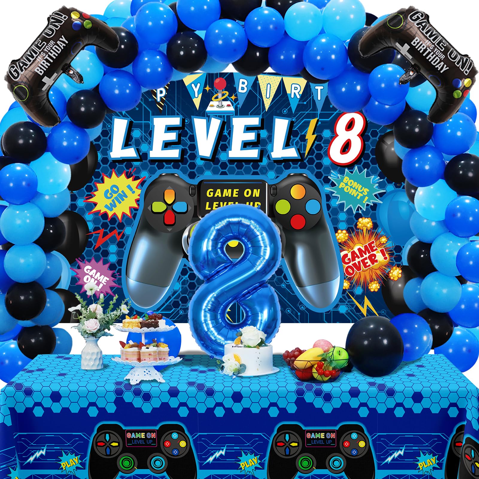 Vlipoeasn 90PCS 8th Birthday Video Game Party Decorations for Boys Set Blue 8th Birthday Supplies -8th Video Game Backdrop, Balloons, Tablecloth, Gamer and 8 Foil Balloons for 8th Birthday Party