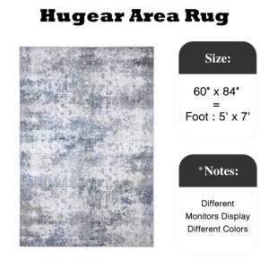 HUGEAR 5x7 Washable Rugs Grey Blue Hallway Area Rug Indoor Accent Rug Abstract Non Slip Low Pile Carpet Distressed Throw Aesthetic Rug for Bedroom Living Room Office Dining Room Kitchen Laundry Room