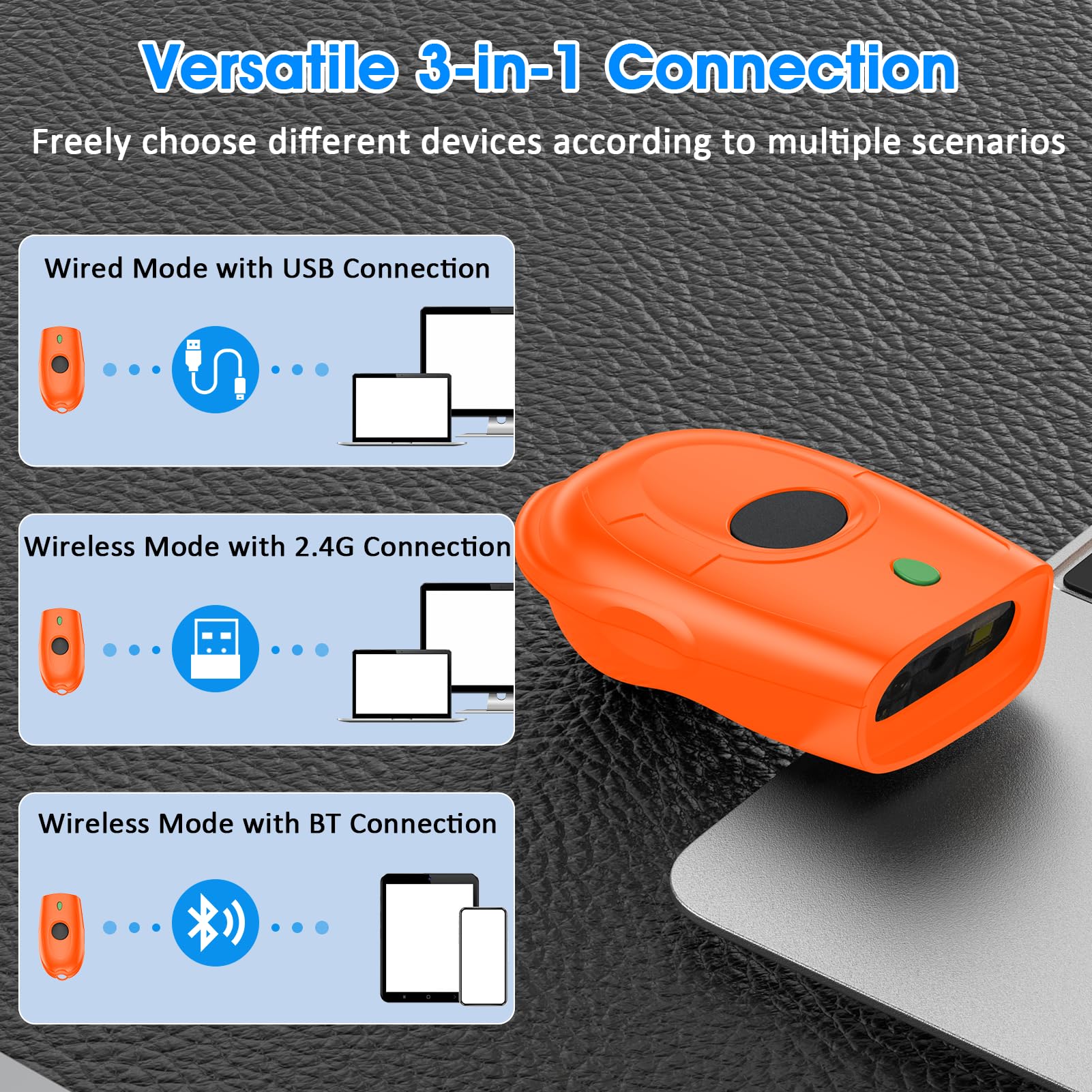 Symcode Bluetooth Barcode Scanner Mini 1D Small Portable Barcode Scanner 3-in-1 Bluetooth & 2.4G Wireless & USB Wired Barcode Scanner with Android,iOS,Computers,Windows