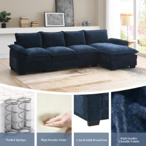 KIVENJAJA 118” Chenille Modular Sectional Sofa Couch, Modern L-Shaped 4-Seater Cloud Sleeper Couches with Chaise & Deep Seat for Living Room Office Apartment, Navy Blue