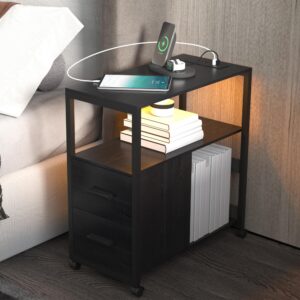 Rietolax Narrow Side Table with Charging Station, End Table with Led Light, Black Nightstand with 2 Drawers, 3-Tier Storage, Wheels and USB Ports & Outlets for Bedroom