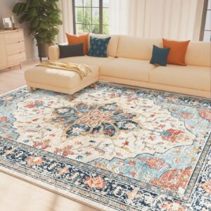 releany 8x10 area rugs 8x10, washable rug, non-slip, rugs for living room, kitchen rugs, rugs for bedroom entryway rug, vintage rugs boho floral medallion, low pile, soft, beige dark blue navy red