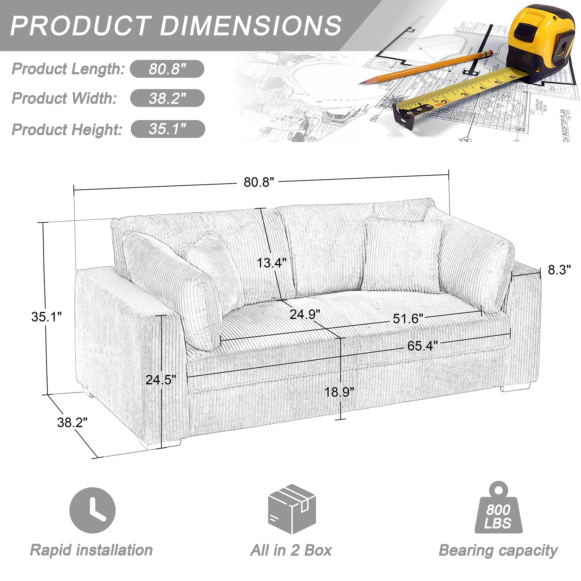 HOLYFIND Modern Corduroy Sofa Couch with Upholstered Deep Seat,3 Seater Sofa with Four Pillows,Oversized Love seat for Living Room, Apartment (Yellow)