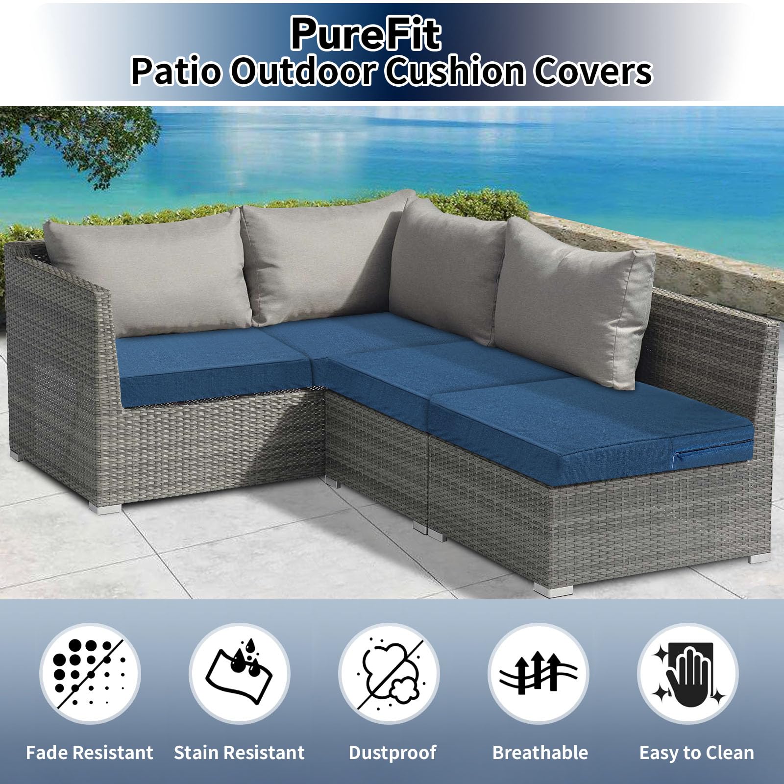 PureFit Waterproof Outdoor Cushion Covers Replacement for Patio Furniture Chair Seat Cushion Covers 24x24 inch for Outdoor Furniture Garden Backyard with Zipper, 4 Pack SLIPCOVERS ONLY, Navy