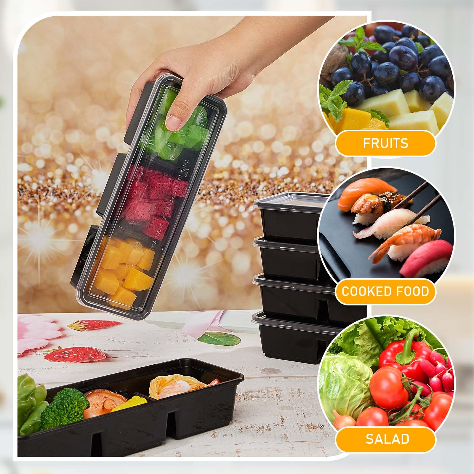 Hushee 25 Pack 17 oz Small Meal Prep Containers 3 Compartments with Lids, Disposable Plastic Bento Boxes Reusable Stackable Food Containers Travel Lunch Boxes for Office, Picnic (Black)