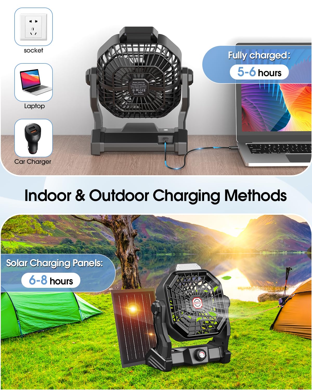 Drchop 10800mAh Solar Powered Fan, 7W Solar Camping Fan & Led Lantern, 8-inch Rechargeable Fan with Solar Panel, Battery Operated Powered Fan, Outdoor Tent Fan for Camping Essentials Accessories