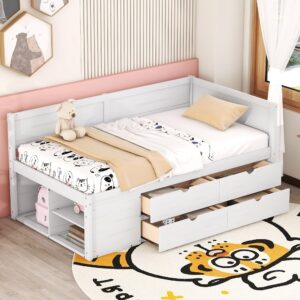 brisca twin size daybed with four drawers and three shelves,multifunction solid wood storage bed frame,w/wooden slates support,for kids teens,boys & girls,no box spring needed,white