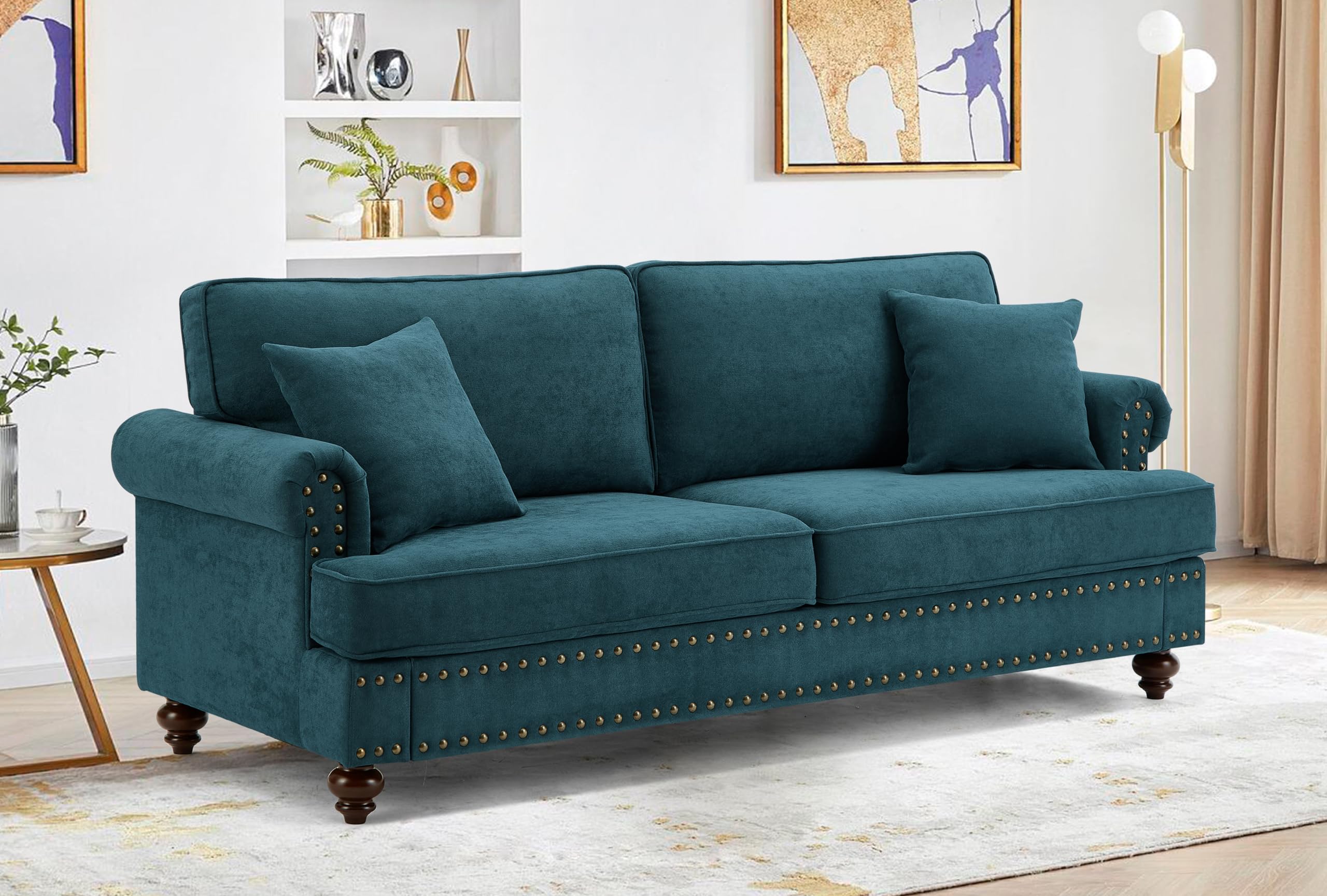 Wunlerlant 82" Modern Sofa Couch Chenille Upholstered Couches for Living Room 3 Seater Green Sofa Couch with Armrest & Wood Legs Big Comfy Sofa Couch with Deep Seats for Living Room Apartment Bedroom