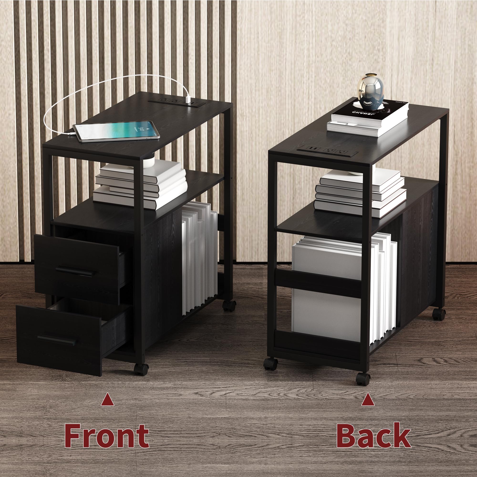 Rietolax Narrow Side Table with Charging Station, End Table with Led Light, Black Nightstand with 2 Drawers, 3-Tier Storage, Wheels and USB Ports & Outlets for Bedroom