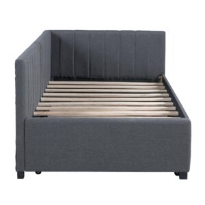 Acosure Twin Size Upholstered Linen Daybed with 2 Trundle,Semi-Closed Design,Solid Wood Bed Frame,W/Backrest and Slat Support,No Box Spring Needed,for Apartment Bedroom,Gray