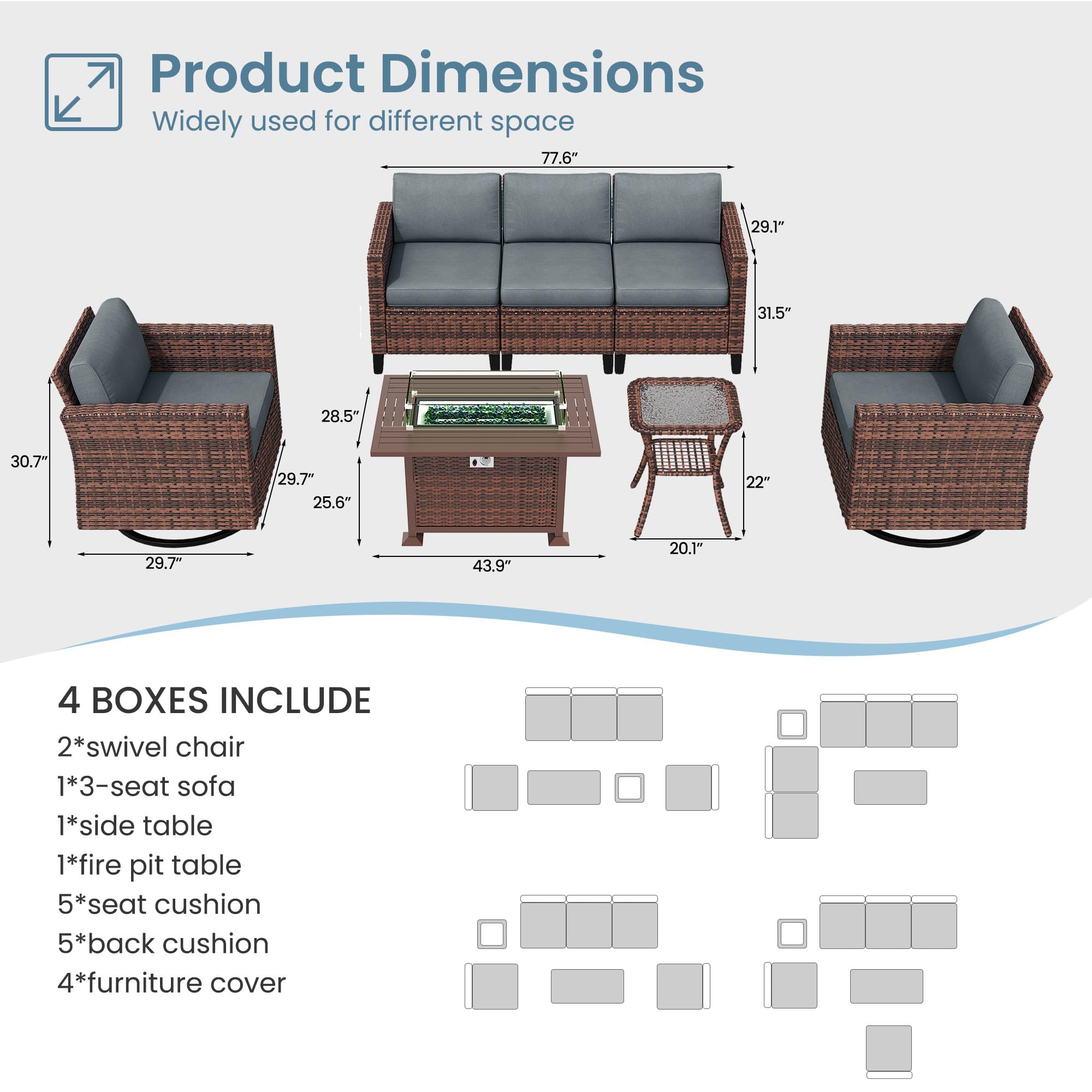 Amopatio Patio Furniture Set with Fire Pit Table, Outdoor Furniture Sectional Sofa with Swivel Chairs, Modern Conversation Sets for Balcony Backyard, Grey（Include Waterproof Covers ）