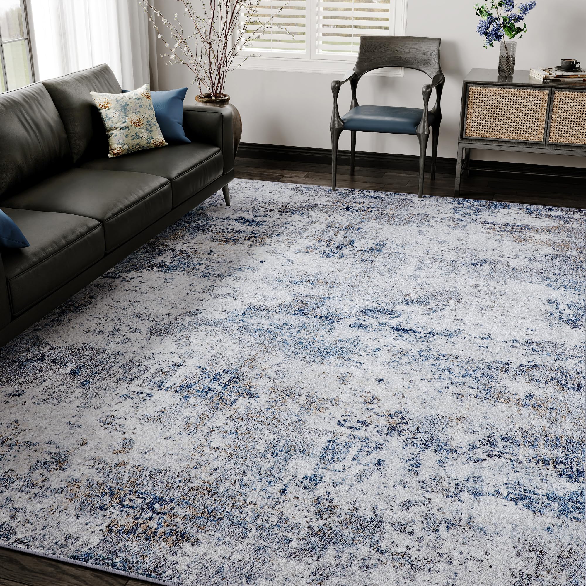 HUGEAR 5x7 Washable Rugs Grey Blue Hallway Area Rug Indoor Accent Rug Abstract Non Slip Low Pile Carpet Distressed Throw Aesthetic Rug for Bedroom Living Room Office Dining Room Kitchen Laundry Room