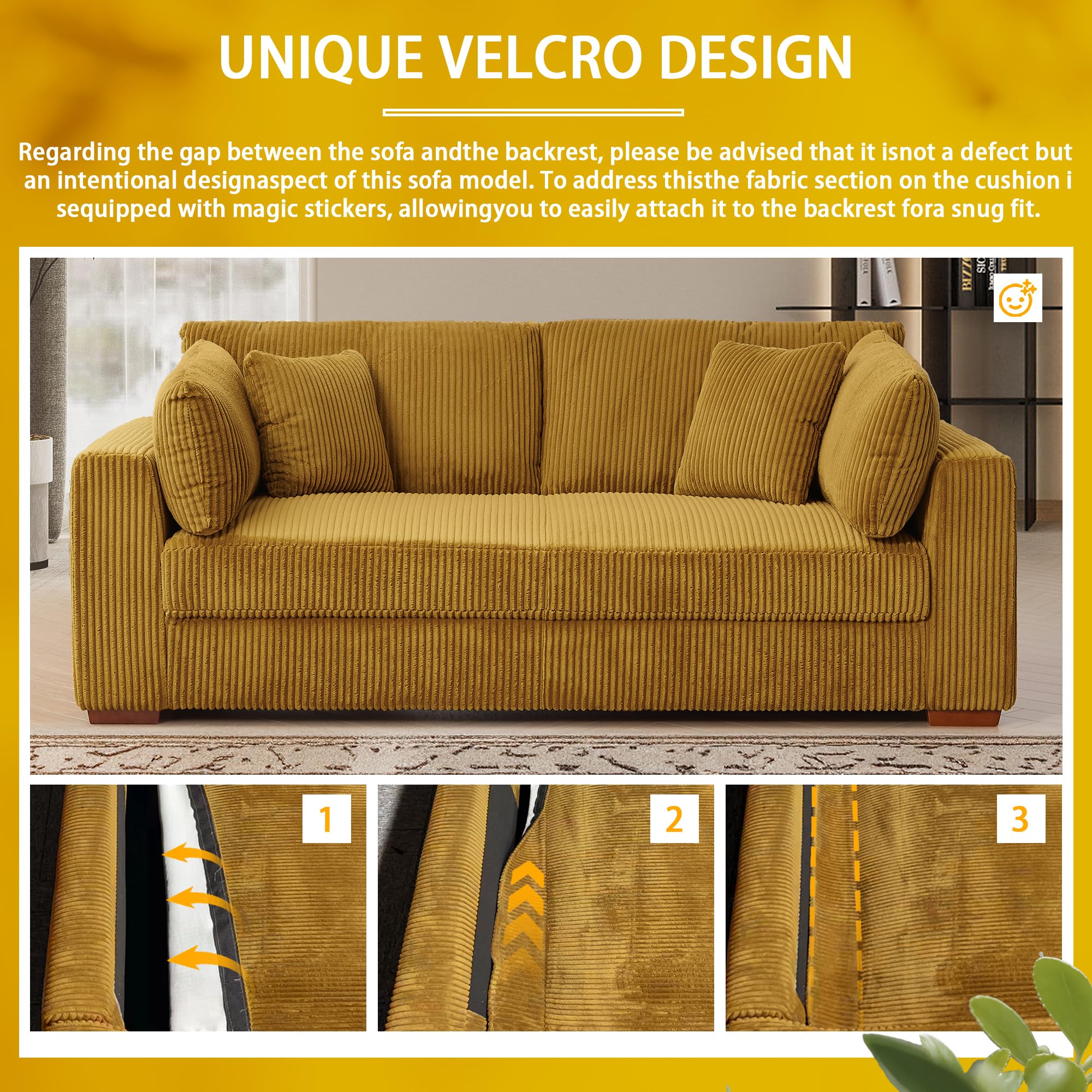 HOLYFIND Modern Corduroy Sofa Couch with Upholstered Deep Seat,3 Seater Sofa with Four Pillows,Oversized Love seat for Living Room, Apartment (Yellow)