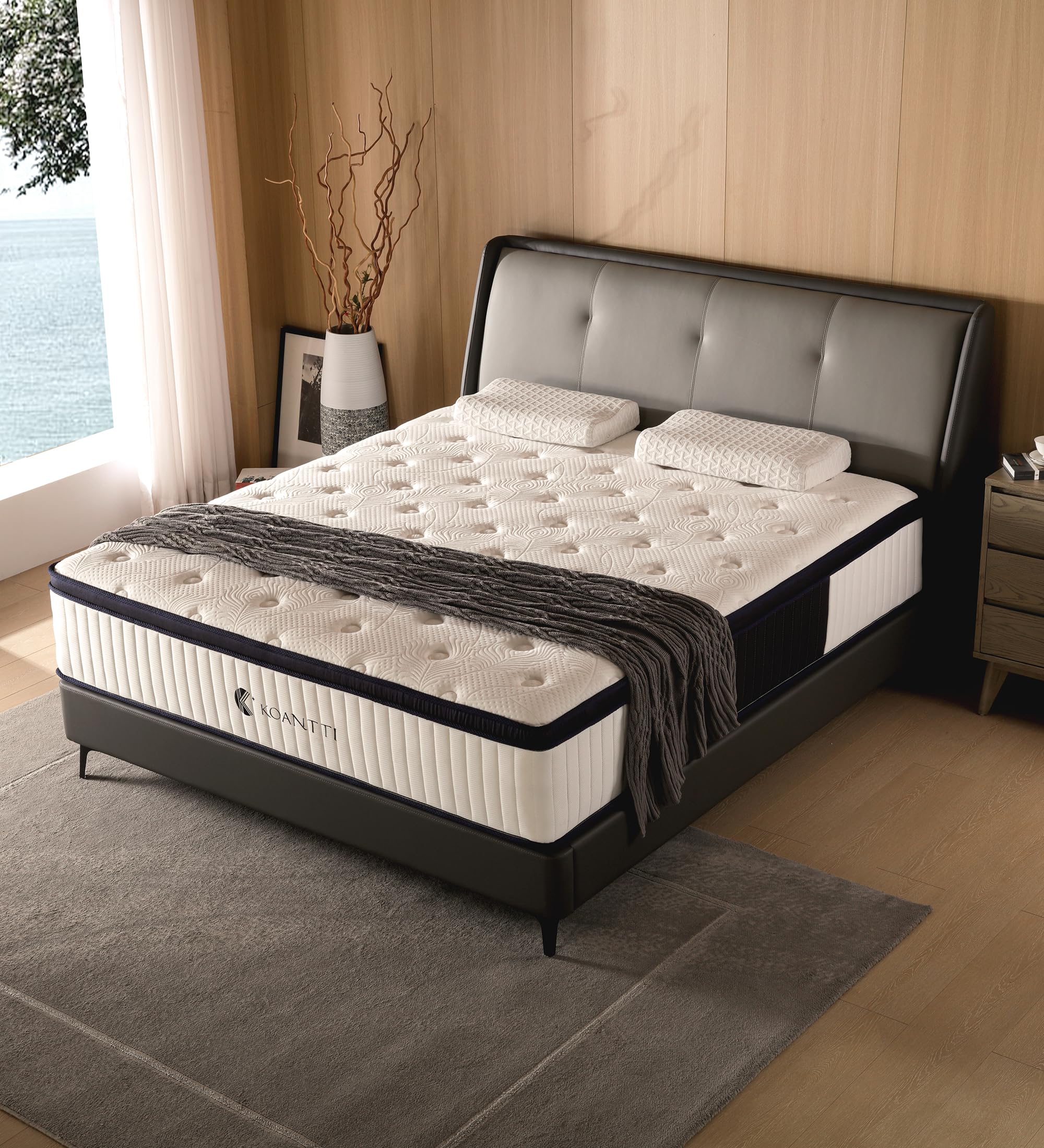 KOANTTI Queen Mattresses,14 Inch Queen Size Mattresses in a Box,Memory Foam Hybrid White & Black Mattress with Provide Support and Improve Sleep Mattresses,Pressure Relief,Medium Firm.