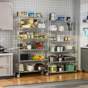 6 Tier Kitchen Shelves Organizer, 2100LBS Metal Wire Shelving Rack w/Innovative Side Mesh, Heavy Duty Adjustable Shelving Units and Storage for Home Office Garage, 87.5" H x 48" W x 18" D - Chrome