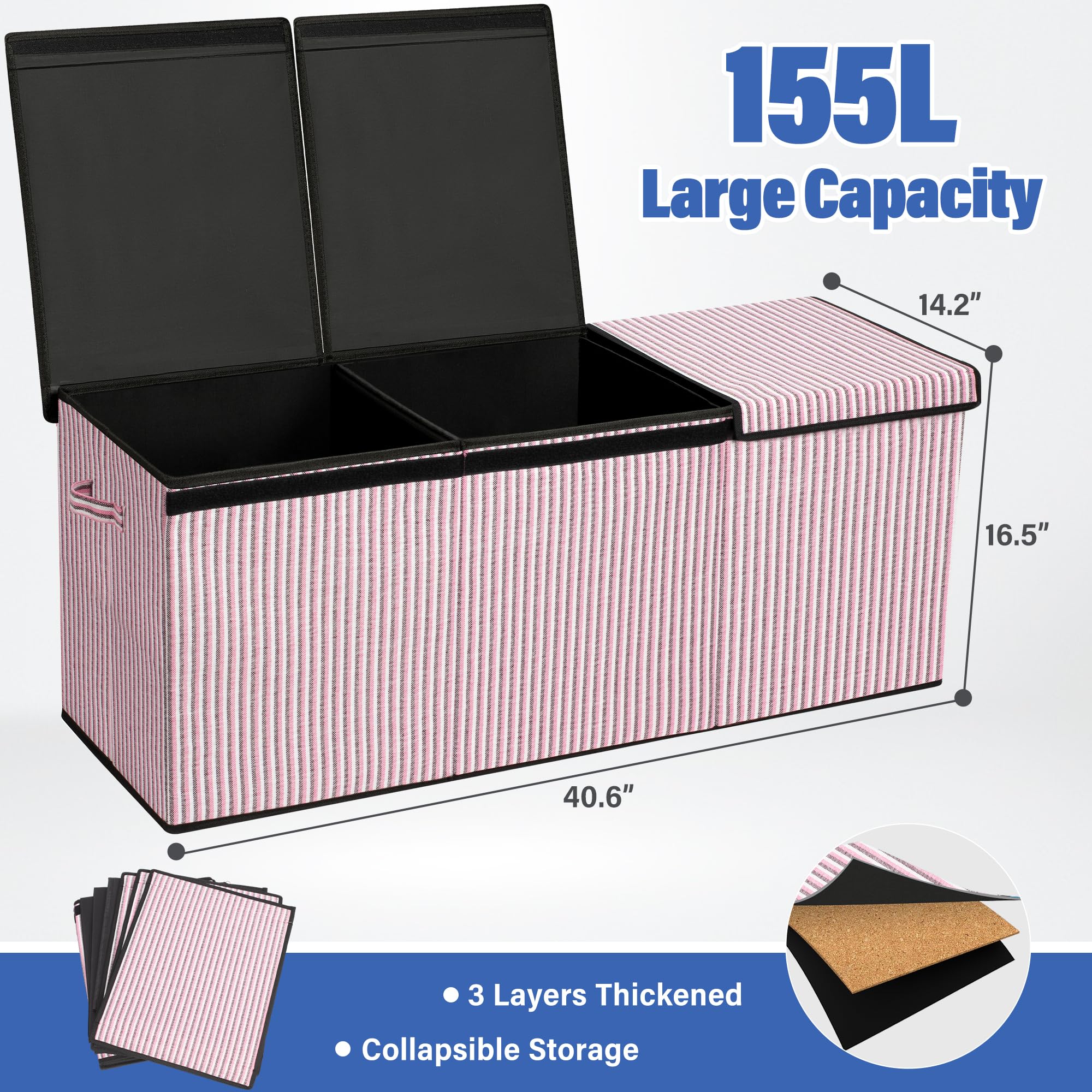 DECOSIS Extra Large Toy Box, Foldable Toy Chest for Girls with DIY Partition Storage, Kids Toy Box 40 x 16 x 14 in for Playroom, Living Room, Kid's Room, Pink, LBOX-PINK-1