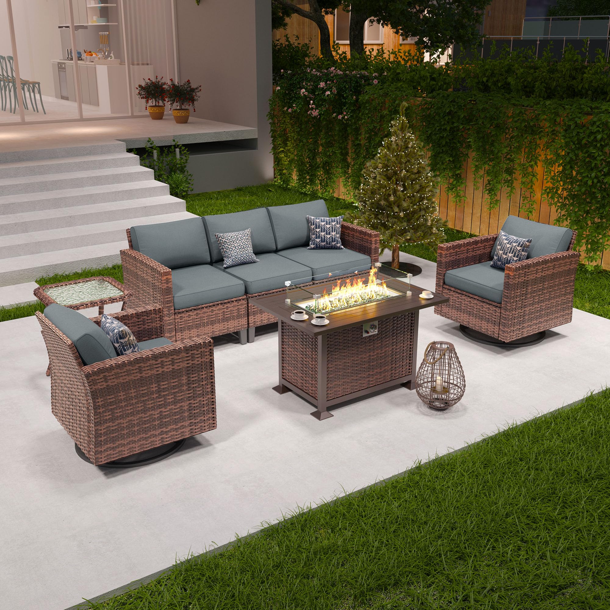 Amopatio Patio Furniture Set with Fire Pit Table, Outdoor Furniture Sectional Sofa with Swivel Chairs, Modern Conversation Sets for Balcony Backyard, Grey（Include Waterproof Covers ）