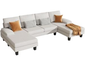 shahoo sectional couch living room sets chenille fabric u-shaped sofa with double chaises, white