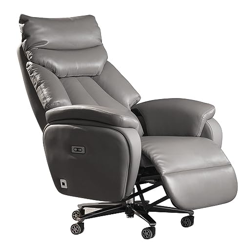 Kinnls Coast Power Office Recliner Chair,Big and Tall Executive Office Chair Fully Reclining Modern Ergonomic Genuine Leather Desk Chair with Arms (Gray-Dual Motor)