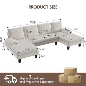 Shahoo Sectional Couch Living Room Sets Chenille Fabric U-Shaped Sofa with Double Chaises, White