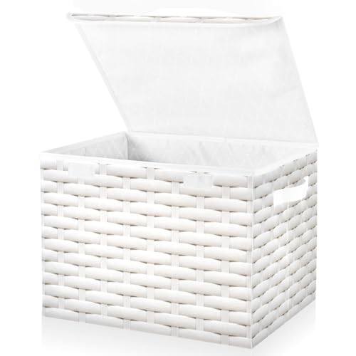 DIGTIA White Weave Texture Storage Bins with Lids Unique Foldable Storage Basket with Handles Collapsible Large Fabric Organizer Containers for Clothes Shelves Closet Office Home Bedroom