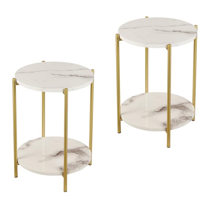 Gawicpy 2 Tier Round Side Table, Folding End Tables Coffee Table Simplistic Sofa Table Waterproof Removable Tray Table Indoor Outdoor Accent Table for Living Room Bedroom (Faux Marble White, 2Pcs)