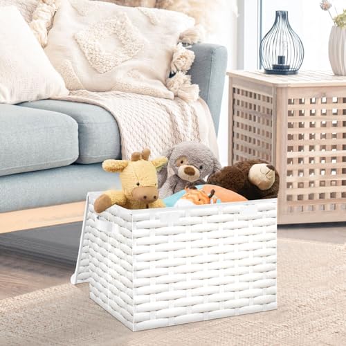 DIGTIA White Weave Texture Storage Bins with Lids Unique Foldable Storage Basket with Handles Collapsible Large Fabric Organizer Containers for Clothes Shelves Closet Office Home Bedroom