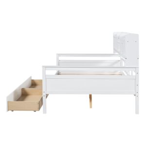 Harper & Bright Designs Full Daybed with Storage, Wooden Full Size Bed Frame with Bookcase Headboard and 2 Drawers, Full Sofa Bed with Shelves for Living Room Bedroom, No Box Spring Need, White