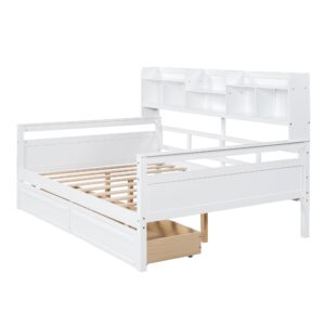 Harper & Bright Designs Full Daybed with Storage, Wooden Full Size Bed Frame with Bookcase Headboard and 2 Drawers, Full Sofa Bed with Shelves for Living Room Bedroom, No Box Spring Need, White