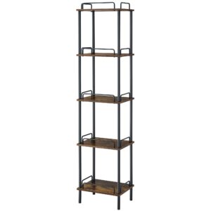 gewudraw 5-tier tall bookshelf, narrow bookcase with guardrail, freestanding storage stand display rack for living room, bedroom, home office, 11 x 14 x 59 inches, rustic brown and black