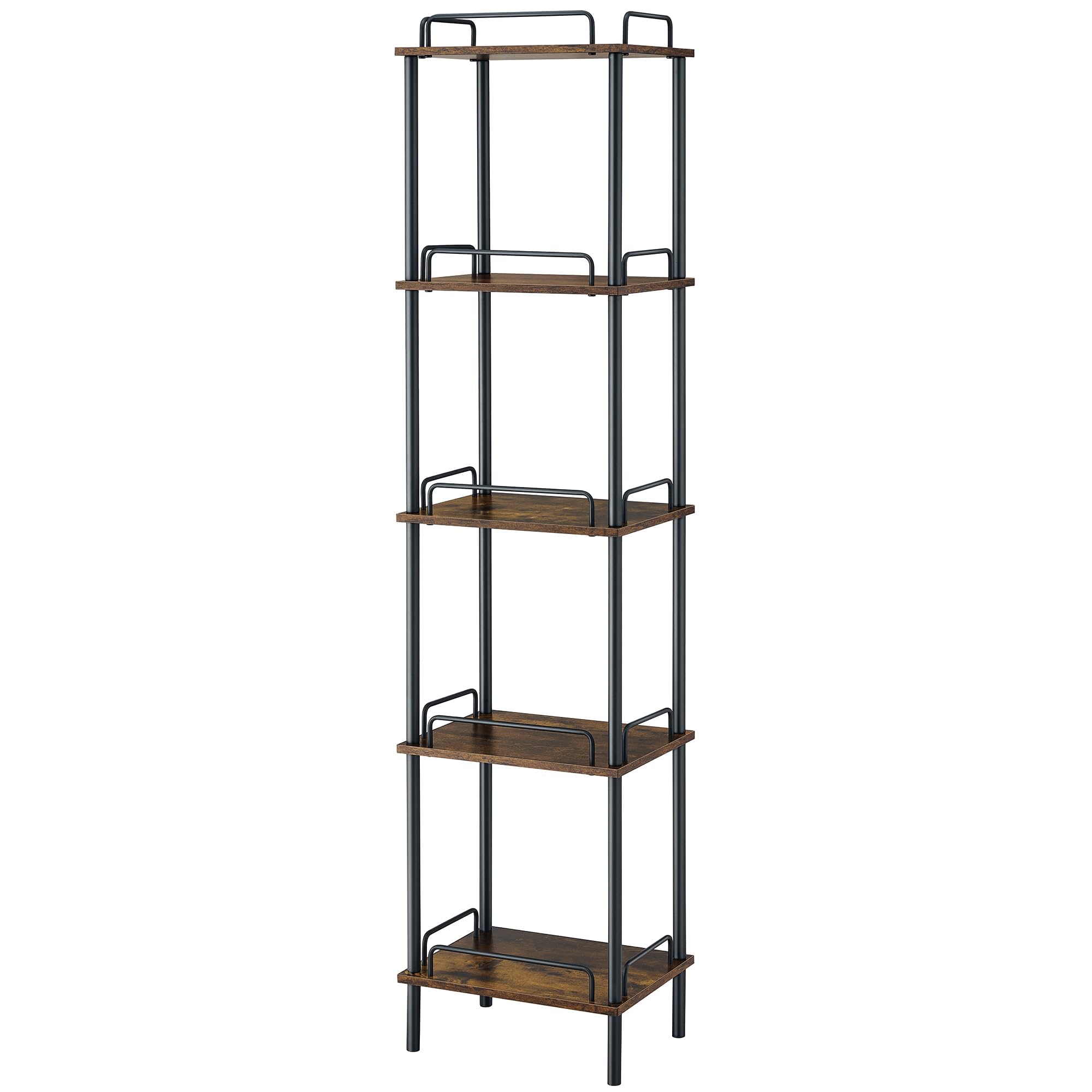 Gewudraw 5-Tier Tall Bookshelf, Narrow Bookcase with guardrail, Freestanding Storage Stand Display Rack for Living Room, Bedroom, Home Office, 11 x 14 x 59 Inches, Rustic Brown and Black