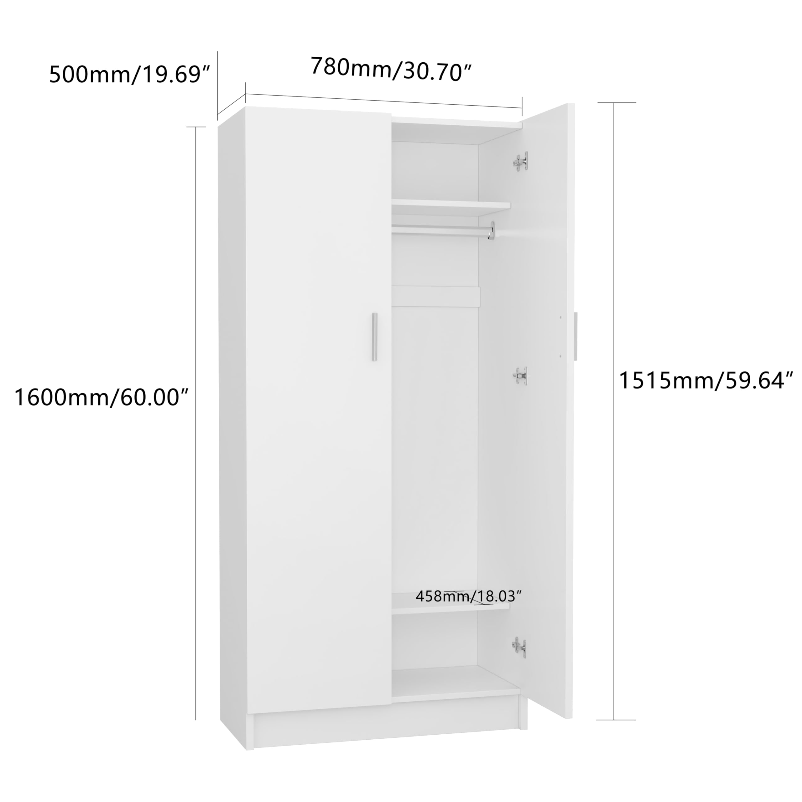 Panana 2 Door Wood Wardrobe Cabinet Closet with Hanging Rail and 2 Shelves, Bedroom Armoire for Storage (White)