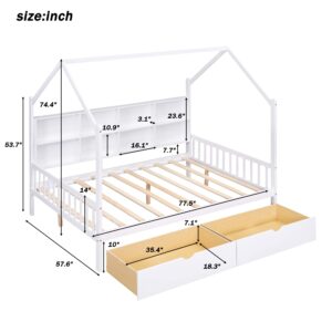 Bellemave Full House Bed with Storage Drawers, Full Size Kids Montessori House Bed with Shelves, Wood Tent Cabin Beds Frame for Girls Boys Teens, White