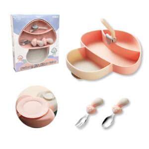 ahota silicone suction plate for toddlers, spoon, fork, baby eating essentials, toddler plate and utensils set(silicone baby feeding set - pink mushroom)