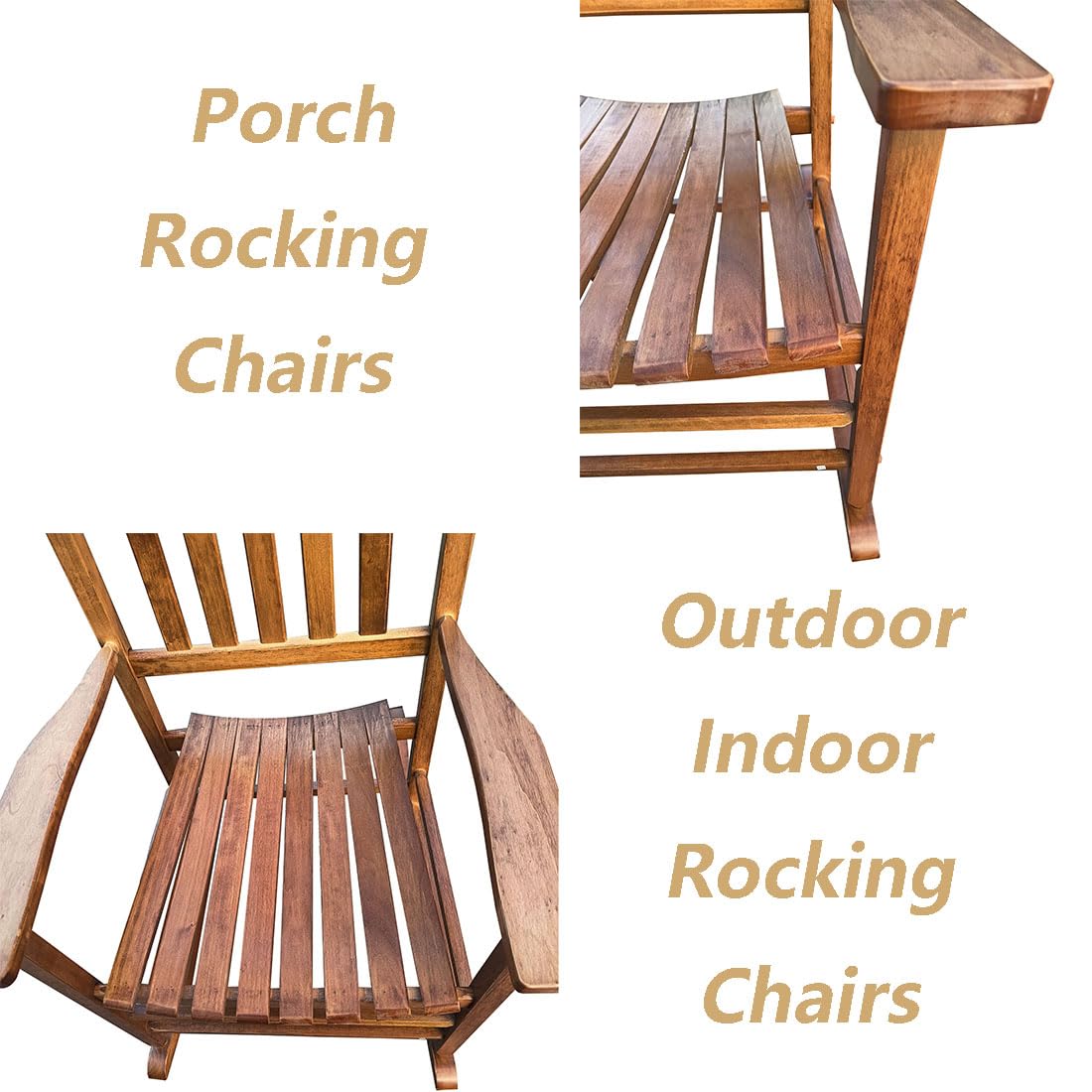 Porch Rocking Chair Outdoor and Indoor Use, Solid Eucalyptus Wood Rocker with Natural Finish, Front Porch Chairs for Patio Deck Garden Balcony, Backyard, Living Room, Adult Wooden Rocking (Brown)