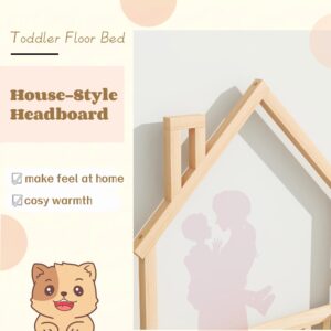 Twin Floor Bed with Rails and House-Shaped Headboard Kids Bed Frame with Fence and Doors Twin Size Wood Montessori Floor Bed for Baby Girls Boys, Natural